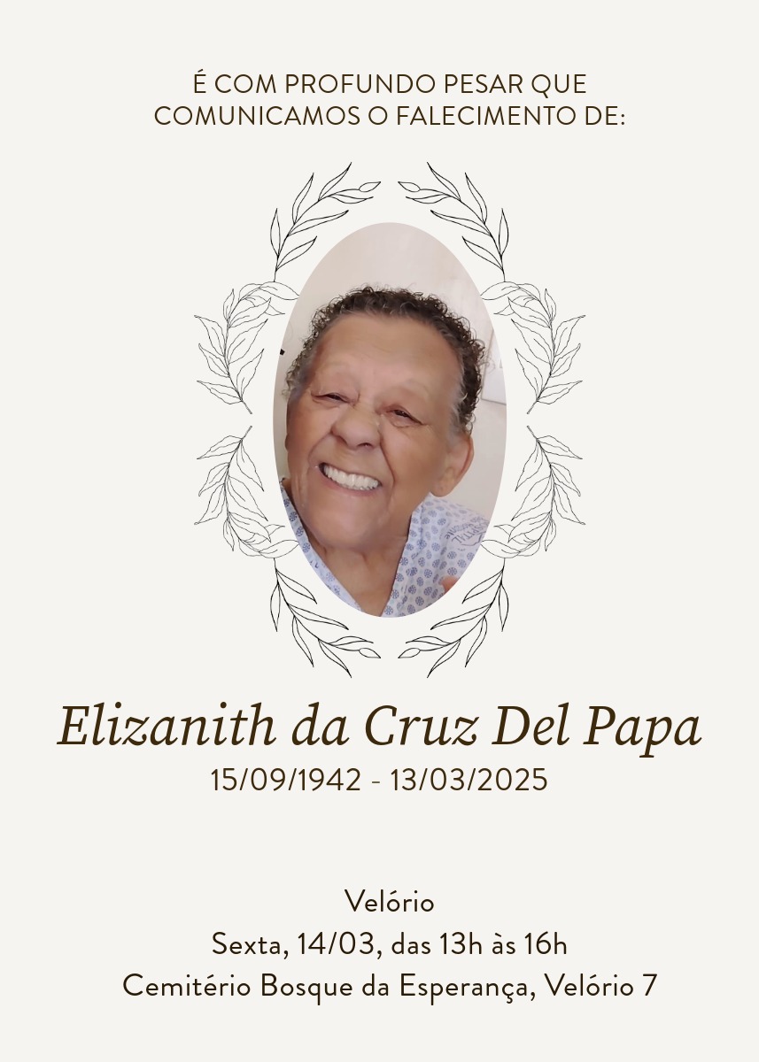 Nota de Falecimento: Elizanith da Cruz Del Papa, mãe da coordenadora geral, Cristina Del Papa 1