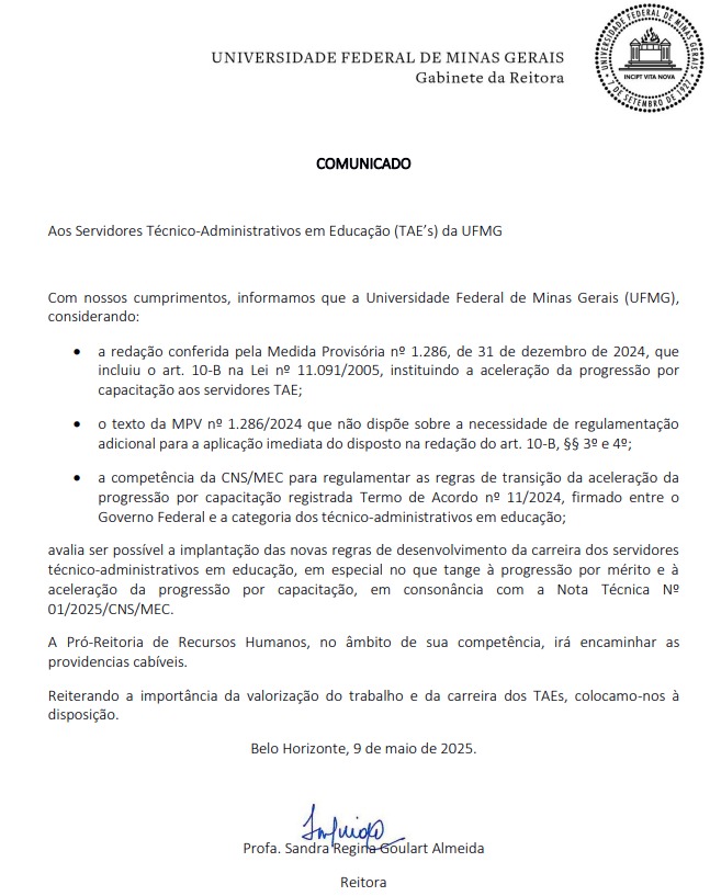 UFMG, CEFET-MG, UFVJM e IFMG confirmam Aceleração da Carreira para TAE 1