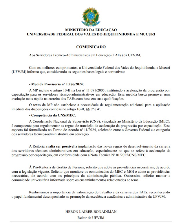 UFMG, CEFET-MG, UFVJM e IFMG confirmam Aceleração da Carreira para TAE 4