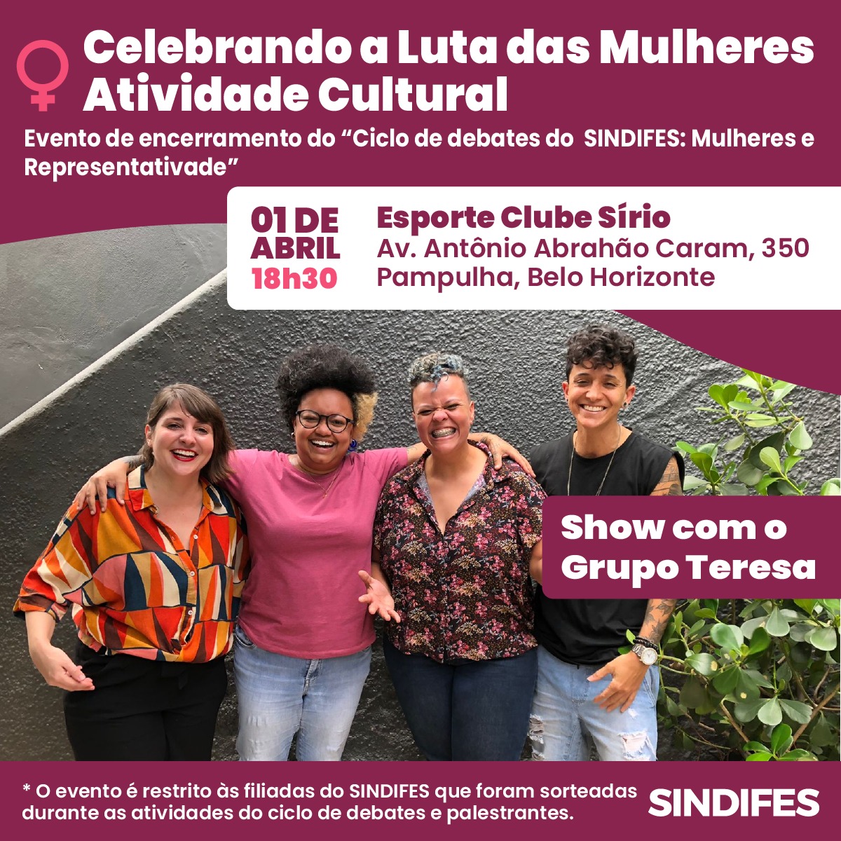 Atividade Cultural: Celebrando a Luta das Mulheres - 1º de Abril às 18h30 no Clube Sírio 1